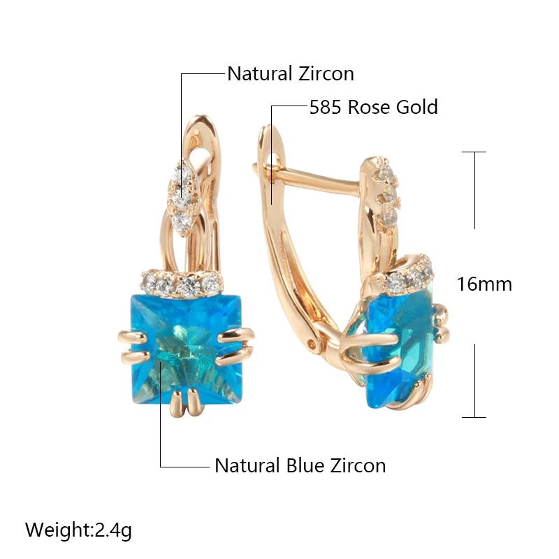 Contemporary 585 Rose Gold Geometric Drop Earrings with Dazzling Blue Natural Zircon for Bridal and Special Occasions