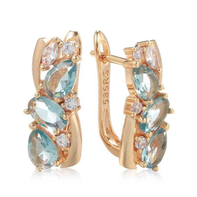 Contemporary 585 Rose Gold Geometric Drop Earrings with Dazzling Blue Natural Zircon for Bridal and Special Occasions