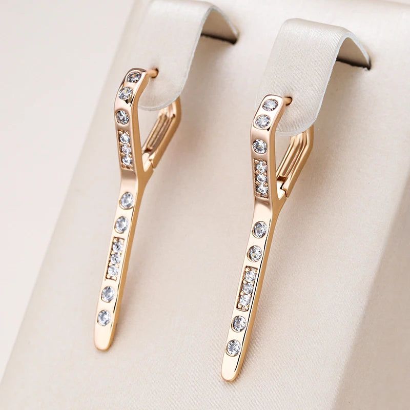 Contemporary 585 Rose Gold Geometric Drop Earrings with Natural Zircon Accents