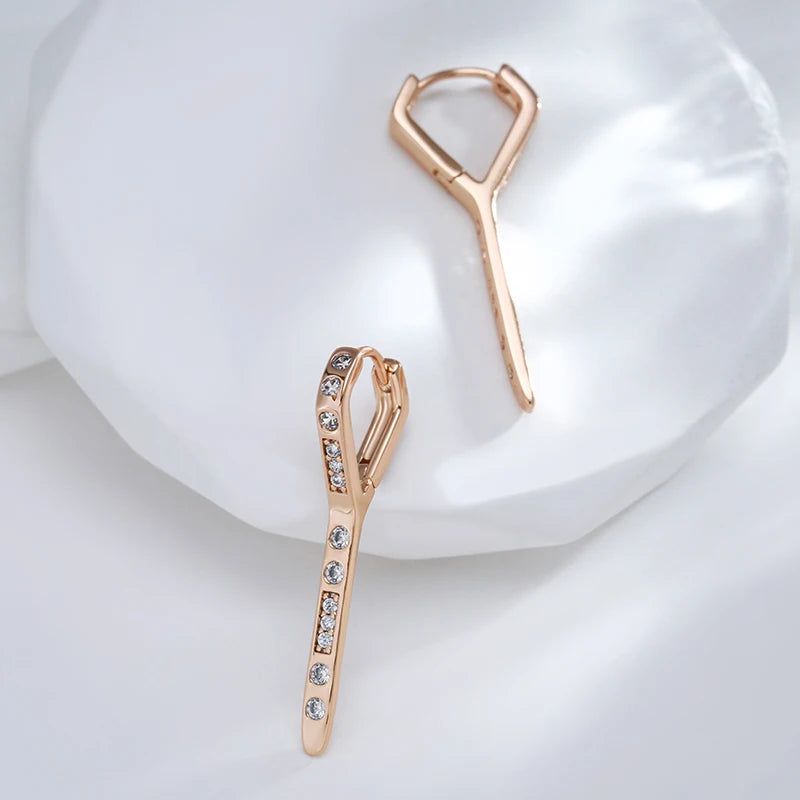 Contemporary 585 Rose Gold Geometric Drop Earrings with Natural Zircon Accents