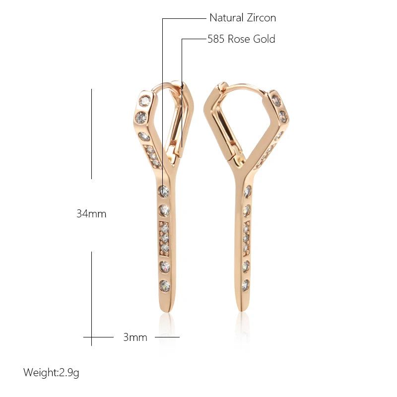 Contemporary 585 Rose Gold Geometric Drop Earrings with Natural Zircon Accents