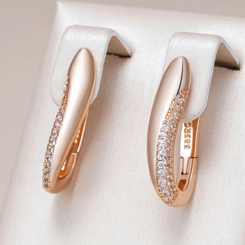 Contemporary 585 Rose Gold Geometric Drop Earrings with Natural Zircon Accents - High-Quality Fashion Jewelry