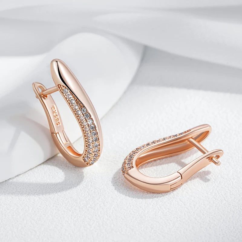 Contemporary 585 Rose Gold Geometric Drop Earrings with Natural Zircon Accents - High-Quality Fashion Jewelry