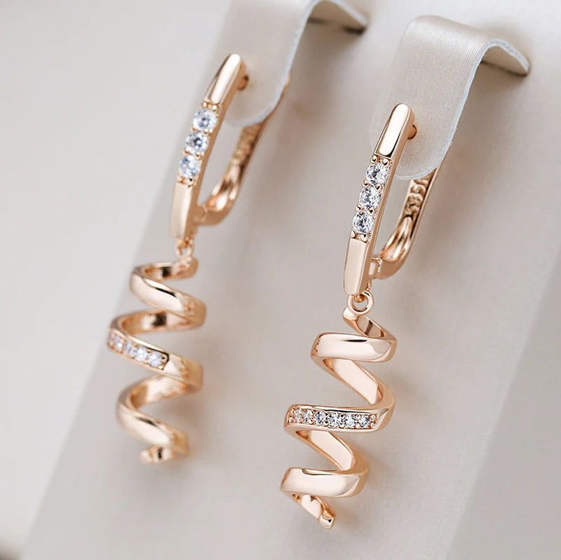 Contemporary 585 Rose Gold Geometric Drop Earrings with Natural Zircon for Bridal and Fashion Use