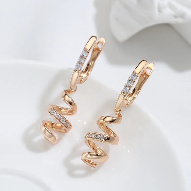 Contemporary 585 Rose Gold Geometric Drop Earrings with Natural Zircon for Bridal and Fashion Use