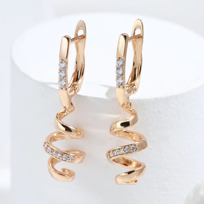 Contemporary 585 Rose Gold Geometric Drop Earrings with Natural Zircon for Bridal and Fashion Use