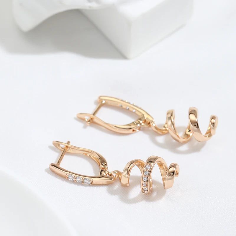 Contemporary 585 Rose Gold Geometric Drop Earrings with Natural Zircon for Bridal and Fashion Use