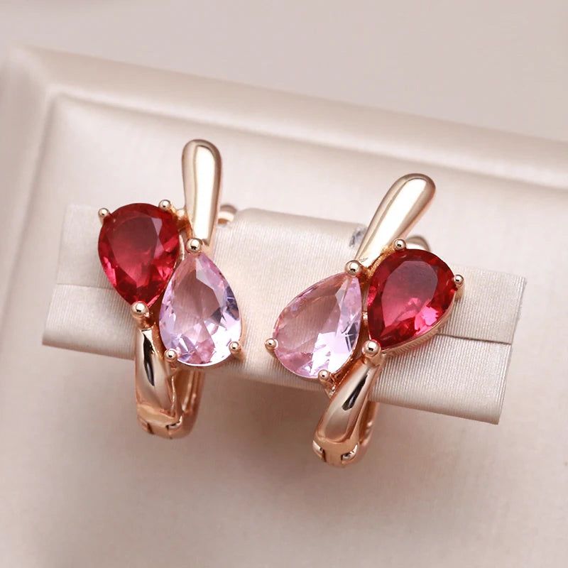 Contemporary 585 Rose Gold Geometric Drop Earrings with Pink Princess Cut Natural Zircon