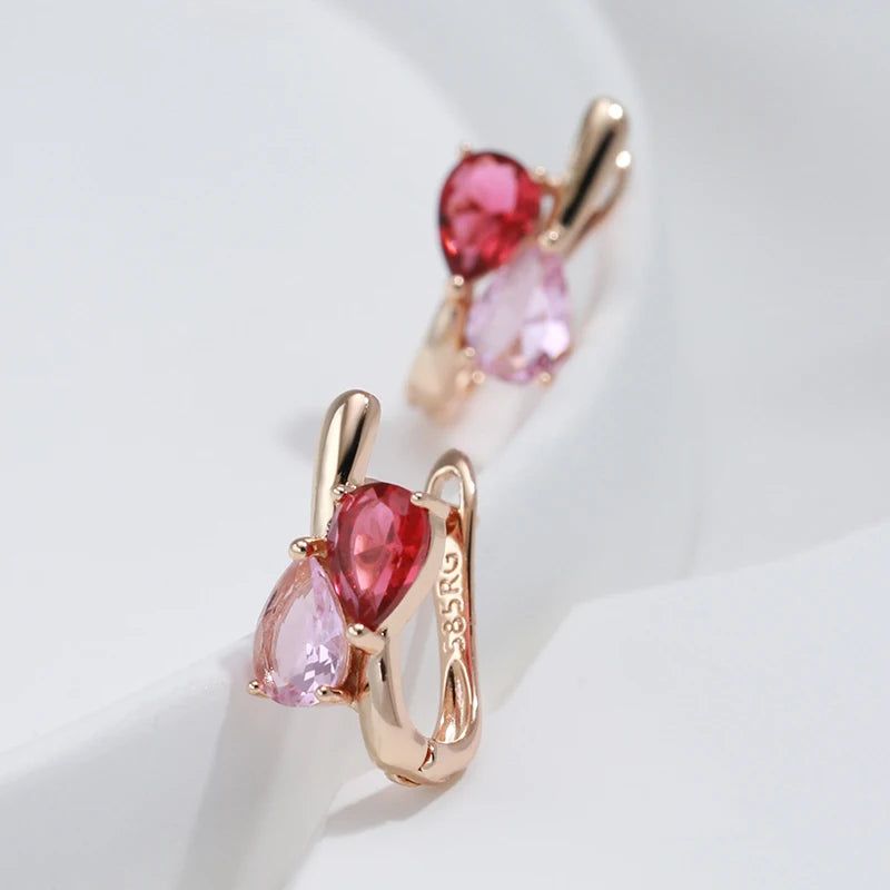 Contemporary 585 Rose Gold Geometric Drop Earrings with Pink Princess Cut Natural Zircon