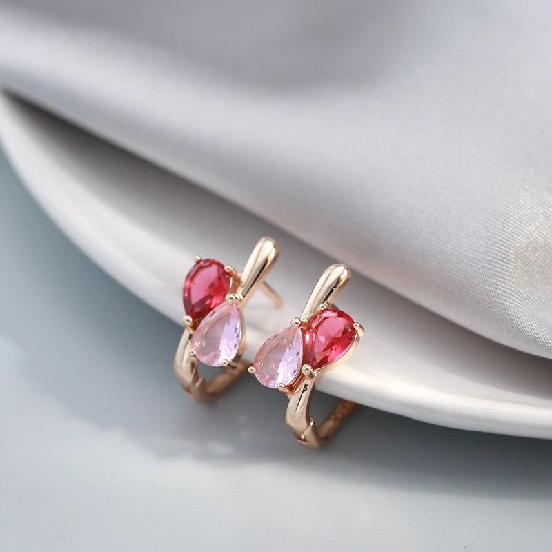 Contemporary 585 Rose Gold Geometric Drop Earrings with Pink Princess Cut Natural Zircon