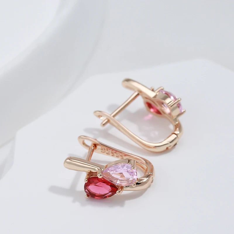 Contemporary 585 Rose Gold Geometric Drop Earrings with Pink Princess Cut Natural Zircon