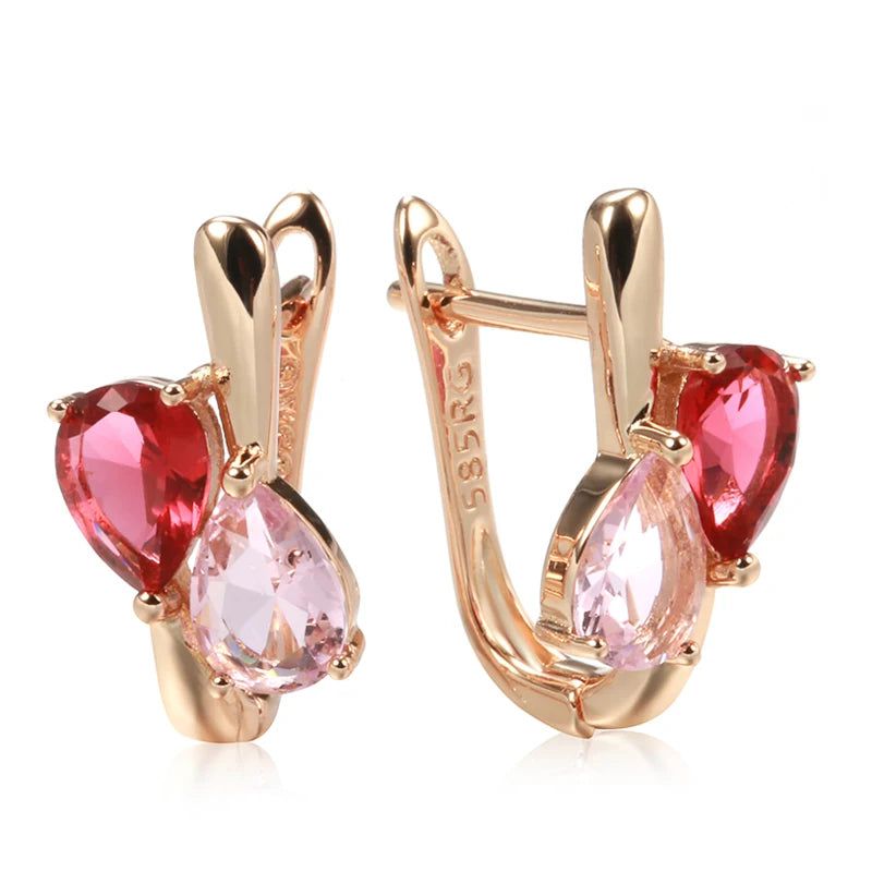 Contemporary 585 Rose Gold Geometric Drop Earrings with Pink Princess Cut Natural Zircon