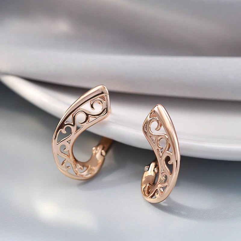 Contemporary 585 Rose Gold Geometric Drop Earrings with Unique Hollow Flower Design