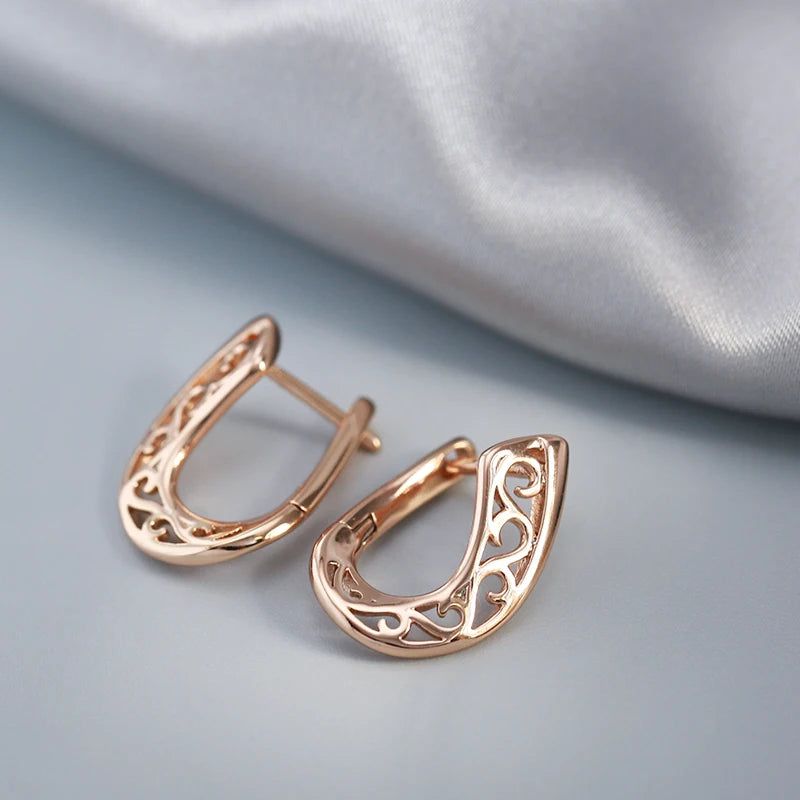 Contemporary 585 Rose Gold Geometric Drop Earrings with Unique Hollow Flower Design