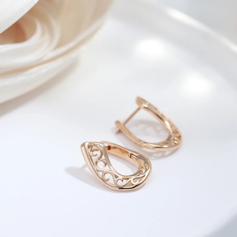 Contemporary 585 Rose Gold Geometric Drop Earrings with Unique Hollow Flower Design