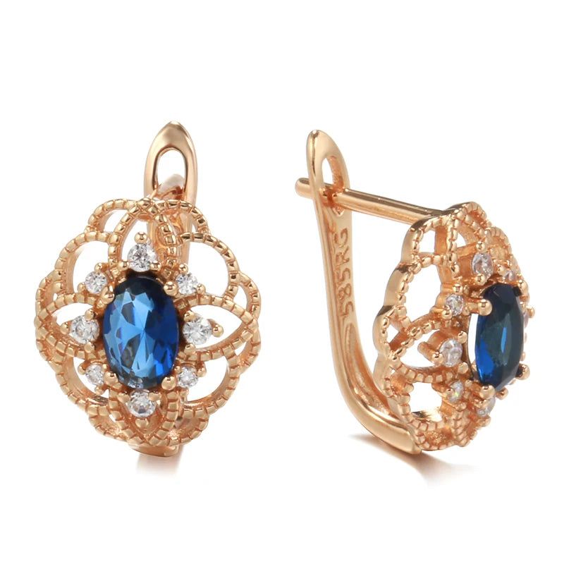 Contemporary Blue Zircon Floral Drop Earrings in Rose Gold Finish