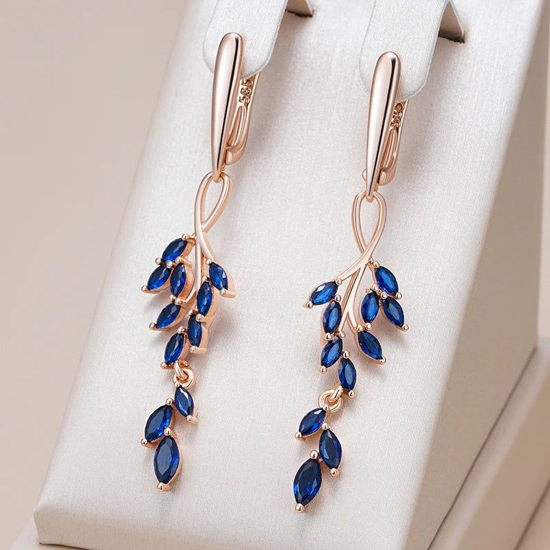 Contemporary Blue Zircon Leaf Design Long Dangle Earrings in 585 Rose Gold