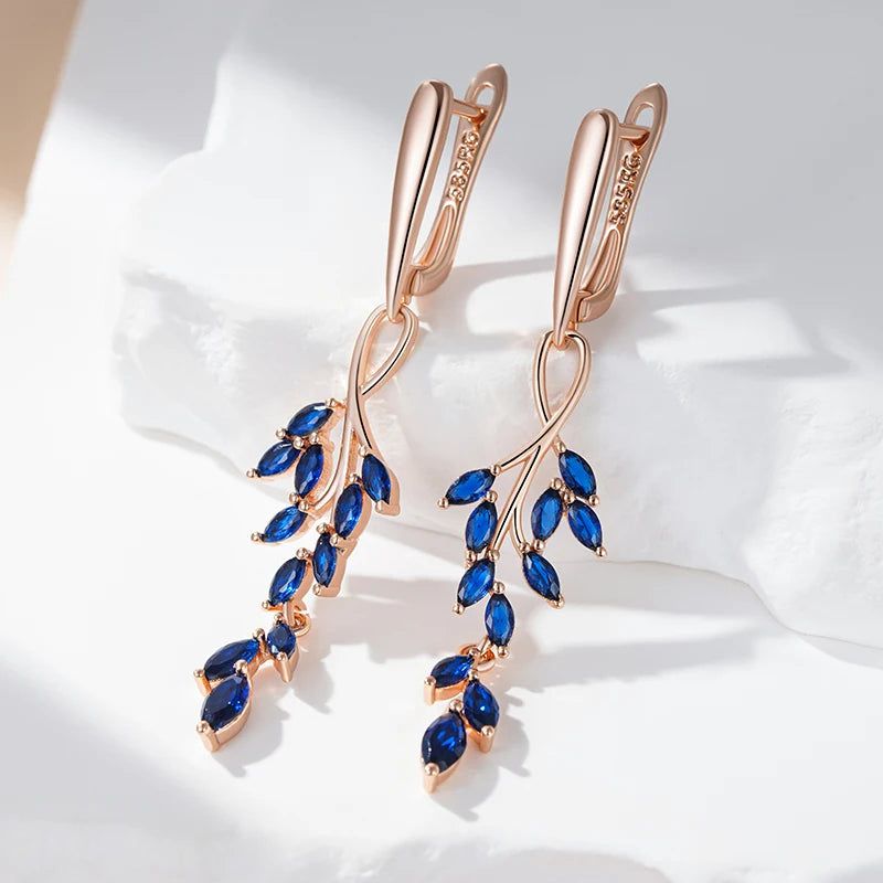 Contemporary Blue Zircon Leaf Design Long Dangle Earrings in 585 Rose Gold