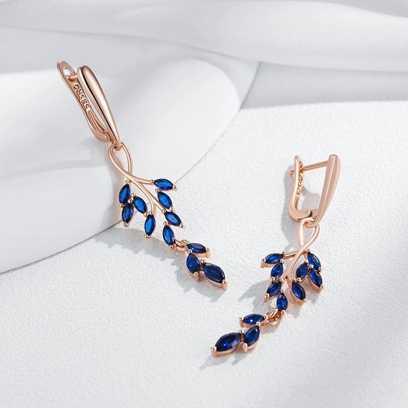 Contemporary Blue Zircon Leaf Design Long Dangle Earrings in 585 Rose Gold