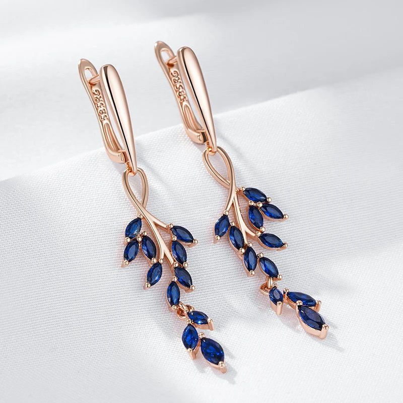 Contemporary Blue Zircon Leaf Design Long Dangle Earrings in 585 Rose Gold