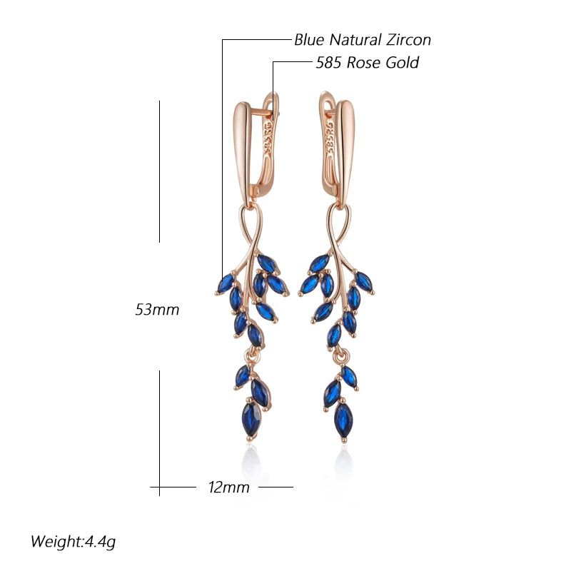 Contemporary Blue Zircon Leaf Design Long Dangle Earrings in 585 Rose Gold