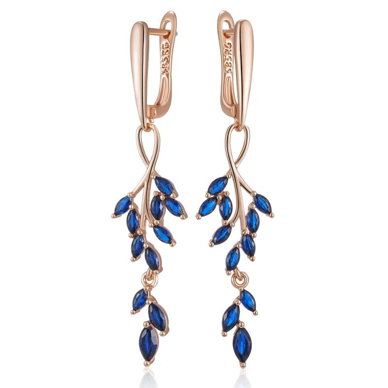 Contemporary Blue Zircon Leaf Design Long Dangle Earrings in 585 Rose Gold