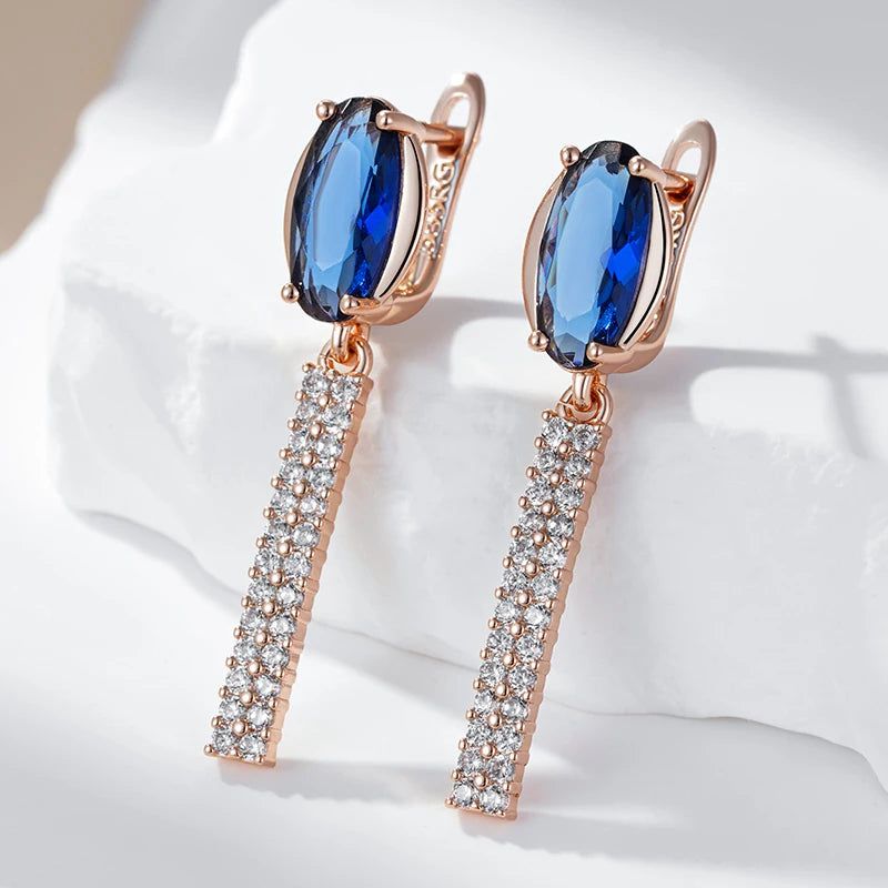 Contemporary Blue Zircon Long Drop Earrings in 585 Rose Gold - High-Quality Fashion Jewelry