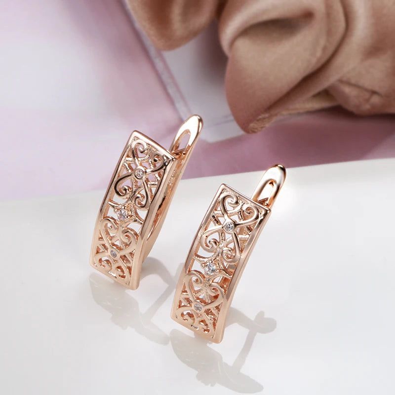 Contemporary Boho Floral Drop Earrings in 585 Rose Gold with Natural Zircon