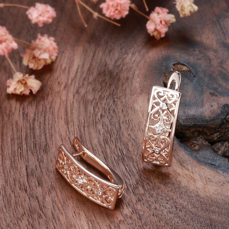 Contemporary Boho Floral Drop Earrings in 585 Rose Gold with Natural Zircon