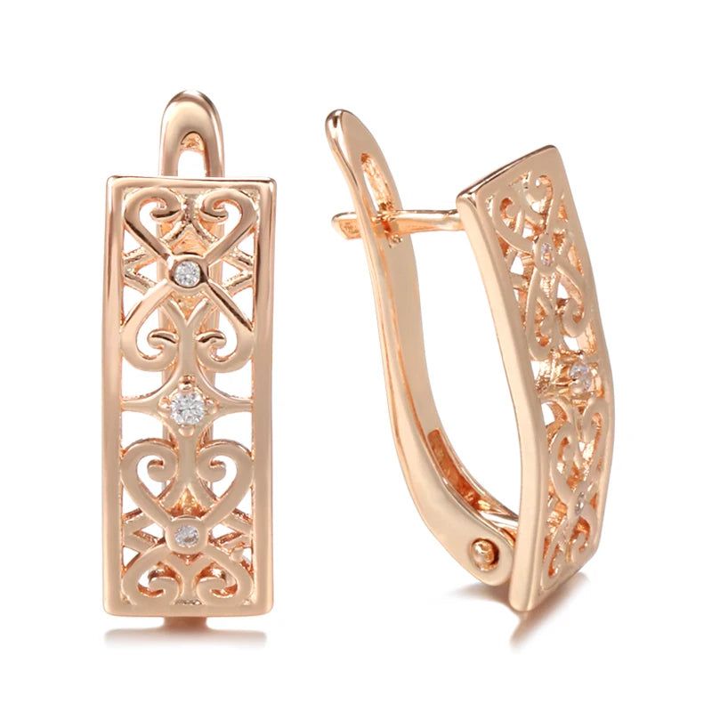 Contemporary Boho Floral Drop Earrings in 585 Rose Gold with Natural Zircon