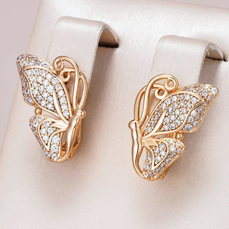 Contemporary Butterfly Drop Earrings with Natural Zircon and Rose Gold Finish