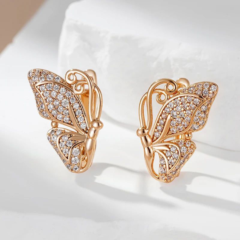 Contemporary Butterfly Drop Earrings with Natural Zircon and Rose Gold Finish