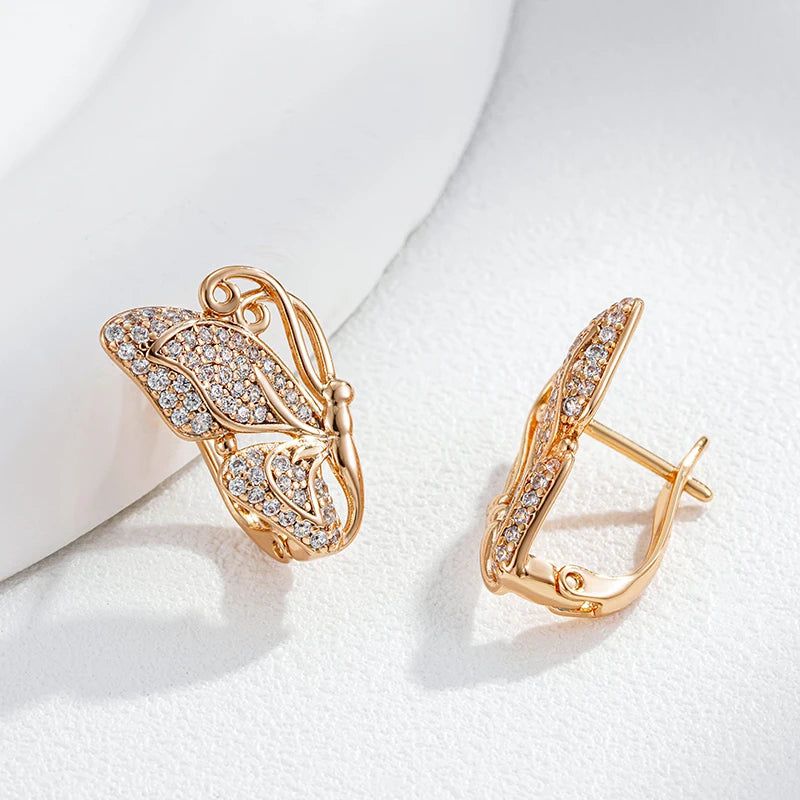 Contemporary Butterfly Drop Earrings with Natural Zircon and Rose Gold Finish