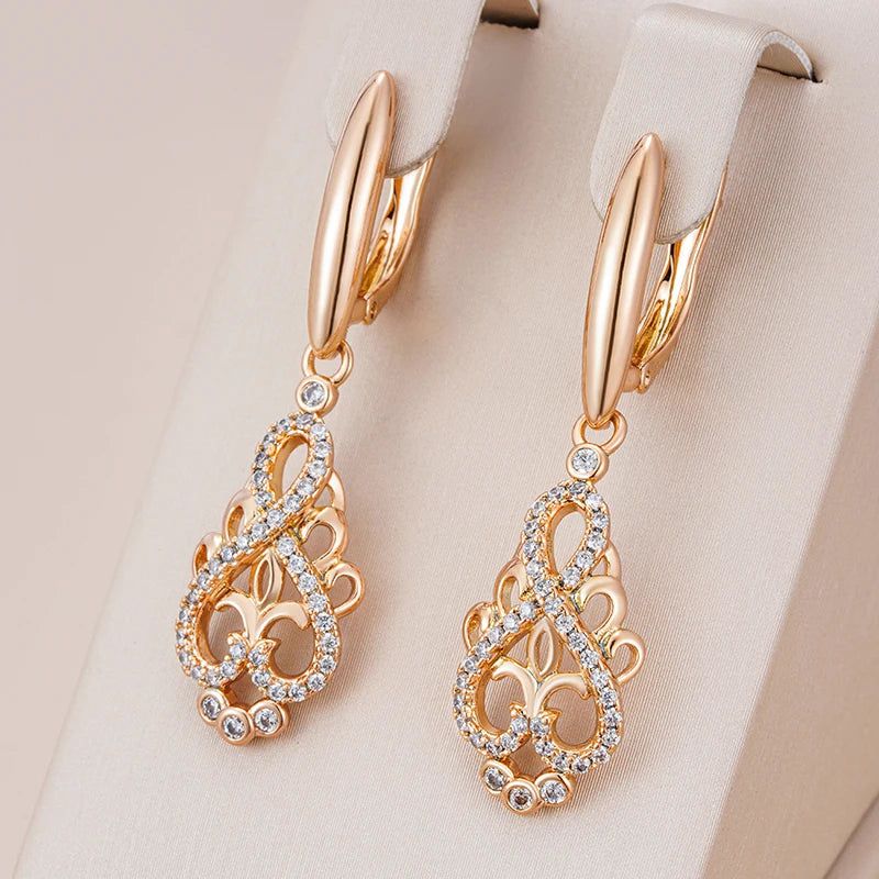 Contemporary Crystal Floral Long Drop Earrings in 585 Rose Gold with Natural Zircon