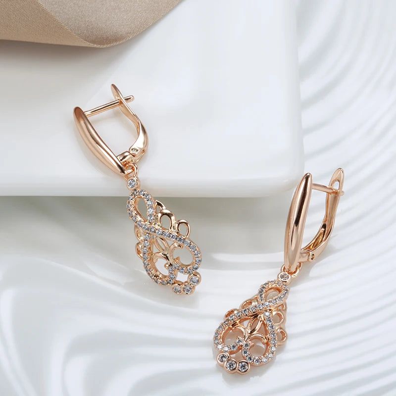 Contemporary Crystal Floral Long Drop Earrings in 585 Rose Gold with Natural Zircon