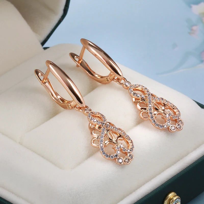 Contemporary Crystal Floral Long Drop Earrings in 585 Rose Gold with Natural Zircon