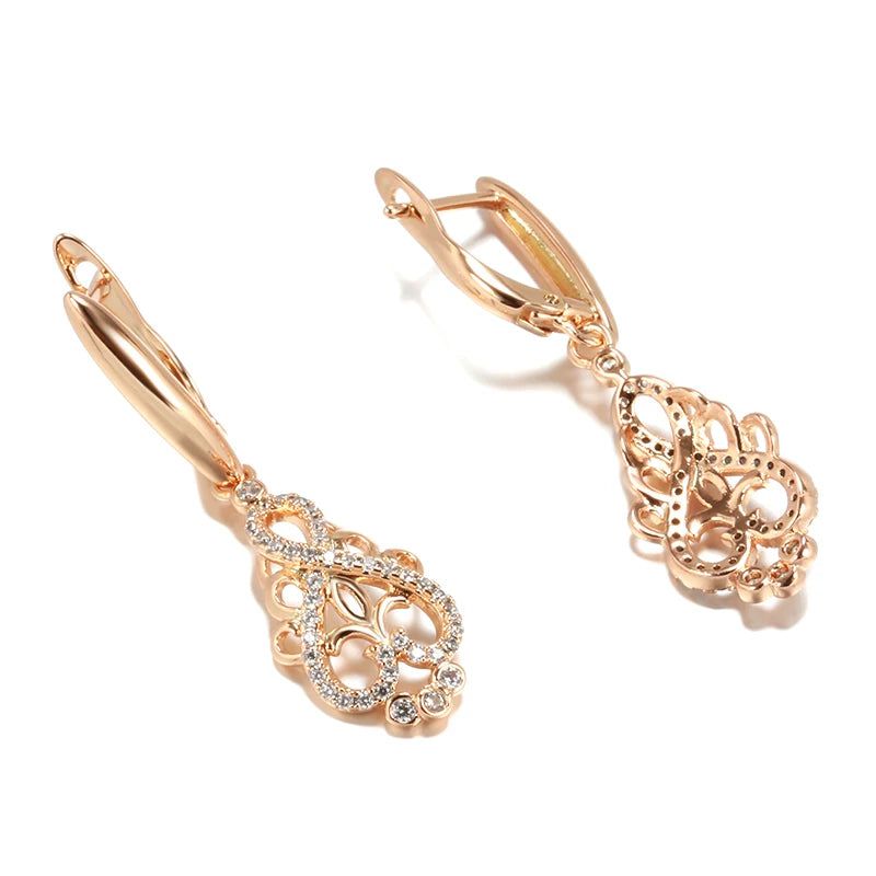 Contemporary Crystal Floral Long Drop Earrings in 585 Rose Gold with Natural Zircon