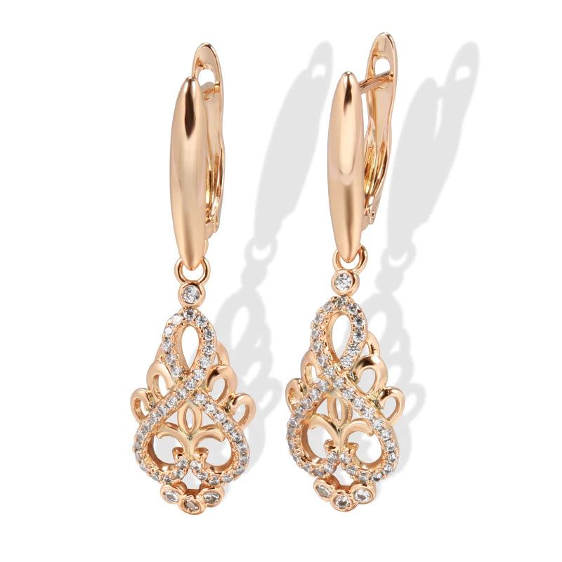 Contemporary Crystal Floral Long Drop Earrings in 585 Rose Gold with Natural Zircon