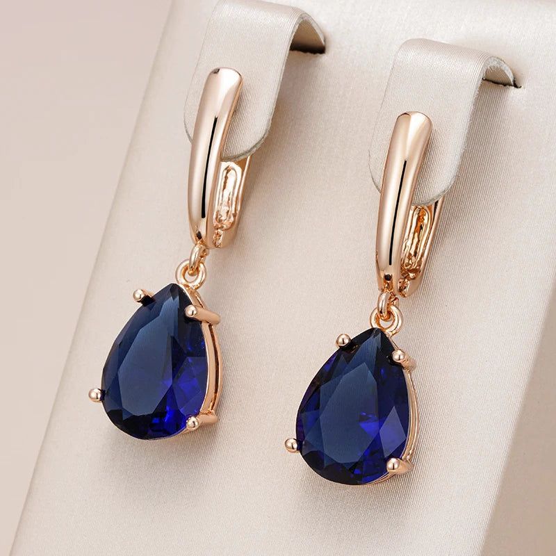 Contemporary Dark Blue Water Drop Long Dangle Earrings in 585 Rose Gold with Natural Zircon