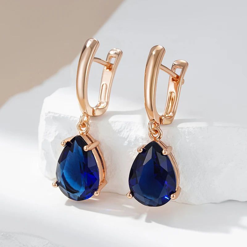 Contemporary Dark Blue Water Drop Long Dangle Earrings in 585 Rose Gold with Natural Zircon