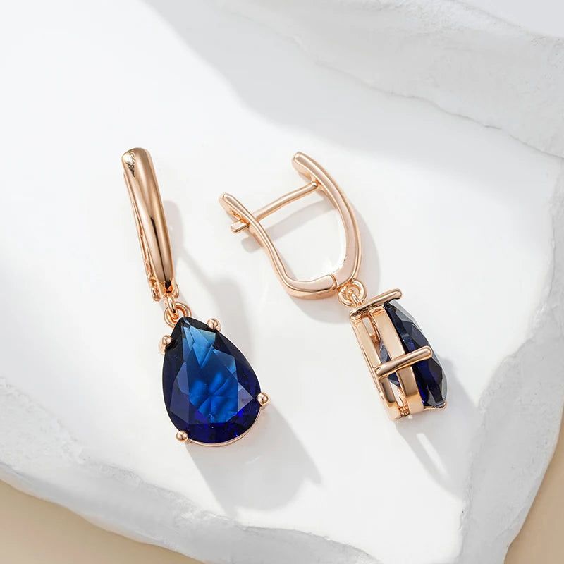 Contemporary Dark Blue Water Drop Long Dangle Earrings in 585 Rose Gold with Natural Zircon