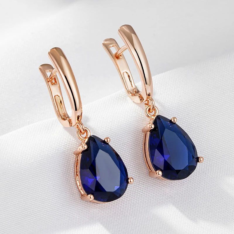 Contemporary Dark Blue Water Drop Long Dangle Earrings in 585 Rose Gold with Natural Zircon