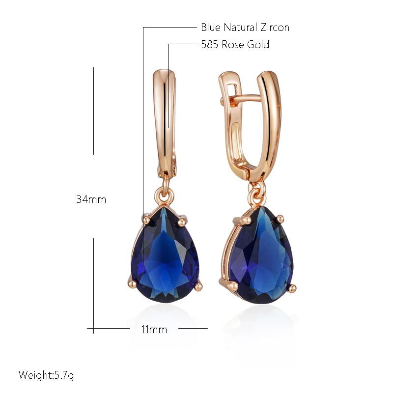 Contemporary Dark Blue Water Drop Long Dangle Earrings in 585 Rose Gold with Natural Zircon