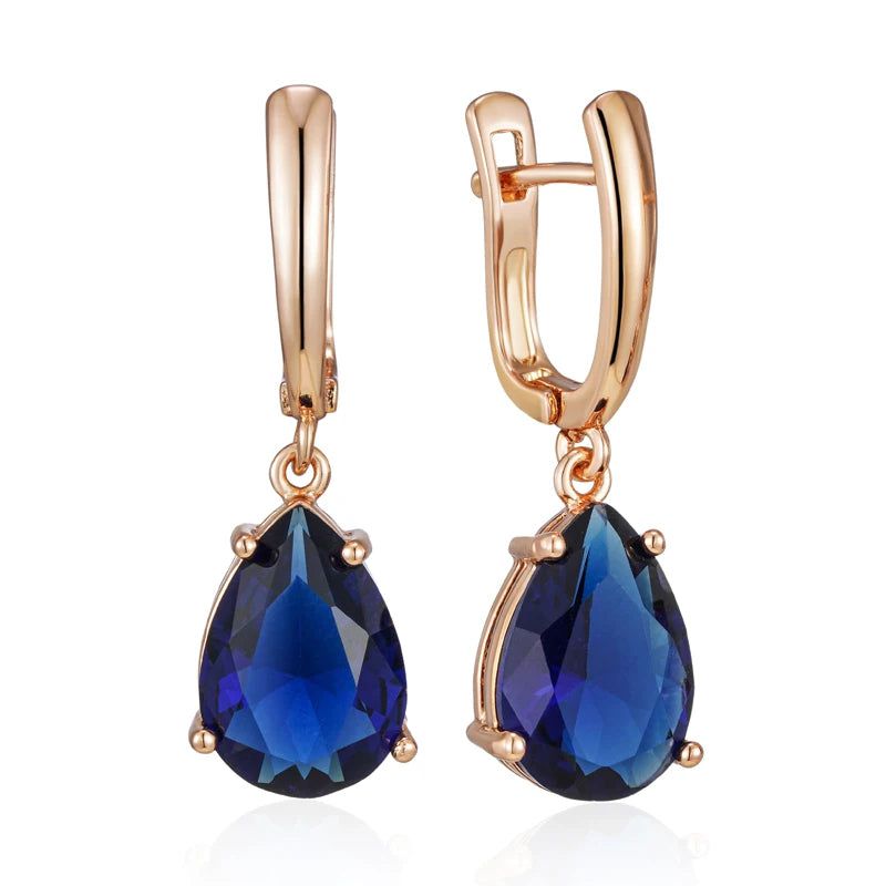 Contemporary Dark Blue Water Drop Long Dangle Earrings in 585 Rose Gold with Natural Zircon