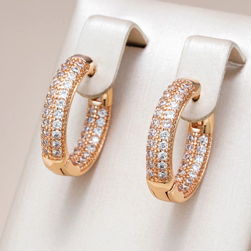 Contemporary Double Layer Natural Zircon Hoop Earrings in 585 Rose Gold Finish