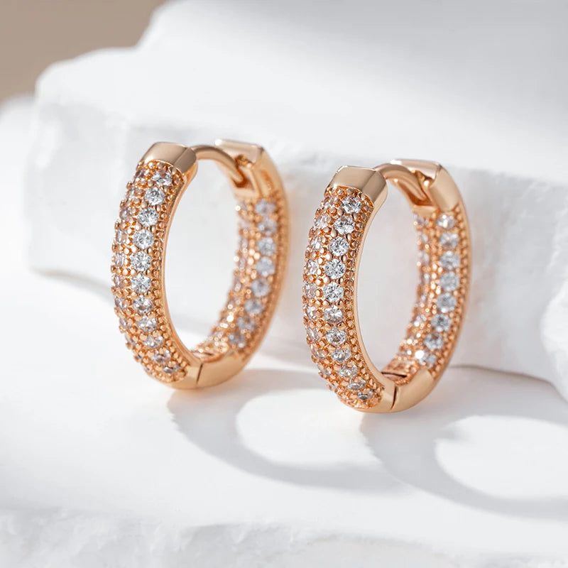 Contemporary Double Layer Natural Zircon Hoop Earrings in 585 Rose Gold Finish