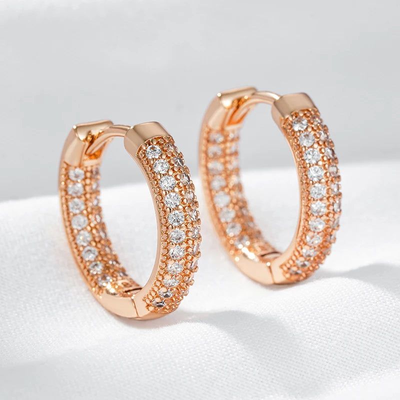 Contemporary Double Layer Natural Zircon Hoop Earrings in 585 Rose Gold Finish