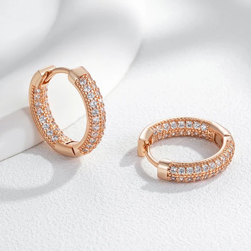 Contemporary Double Layer Natural Zircon Hoop Earrings in 585 Rose Gold Finish