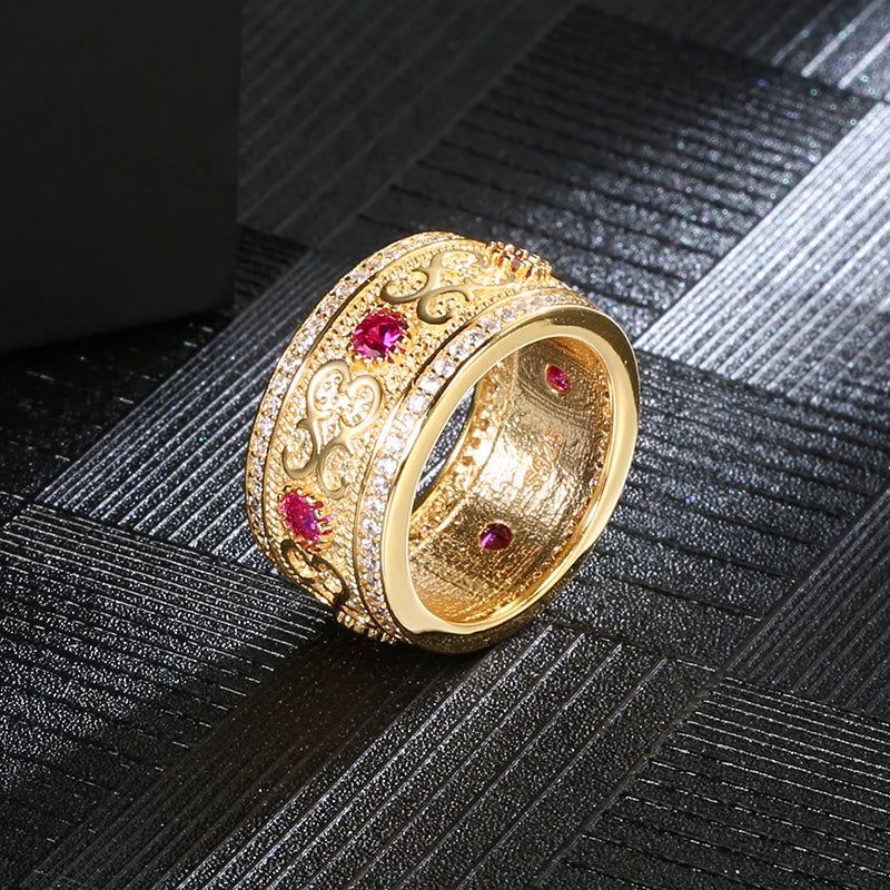 Contemporary Double Row 585 Gold Ring with Natural Zircon Inlay from Dubai