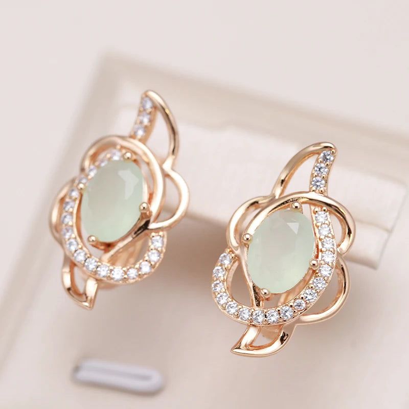 Contemporary Emerald Oval Cut Zircon Flower Drop Earrings in 585 Rose Gold Finish